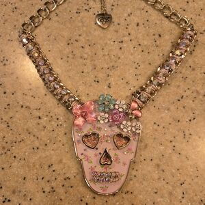 Betsey Johson Floral Skull Rhinestone Pendant Necklace